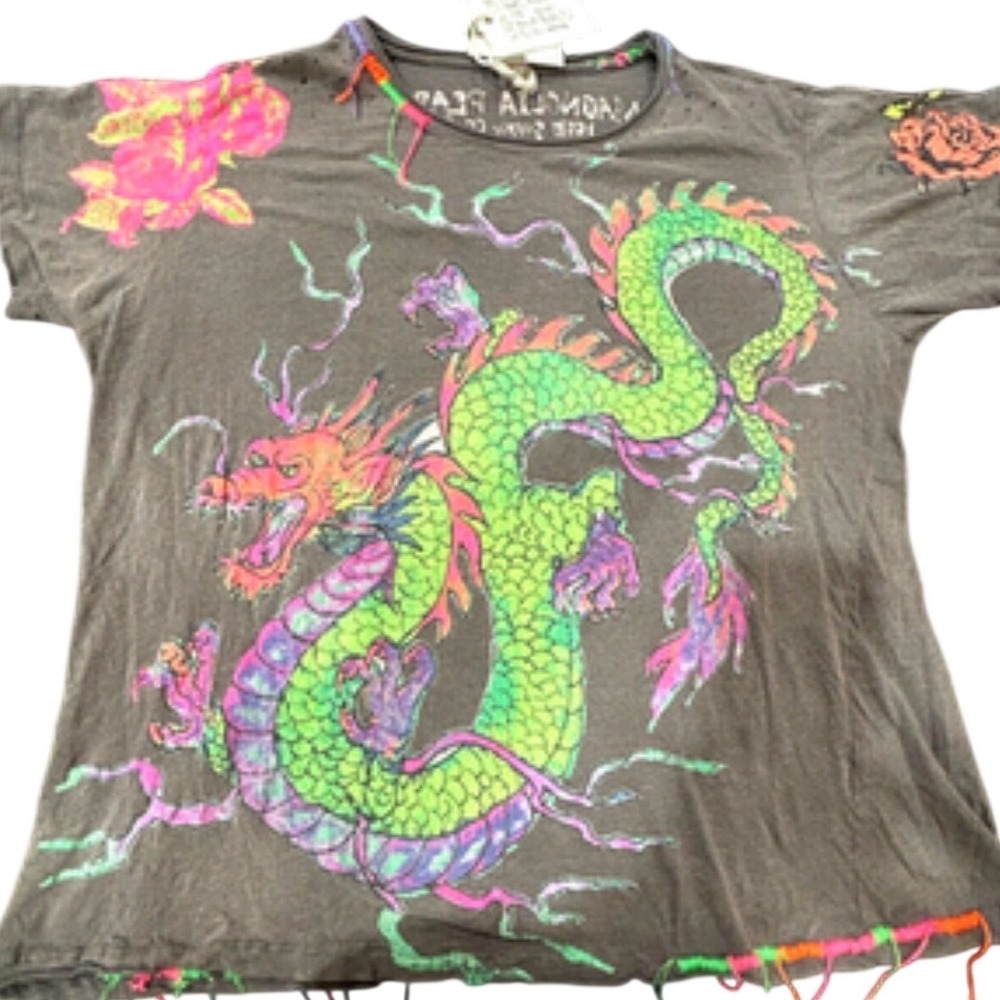 Magnolia Pearl Dragon Rainbow T-Shirt Short Sleeve Grey Neon Sold Out NWT